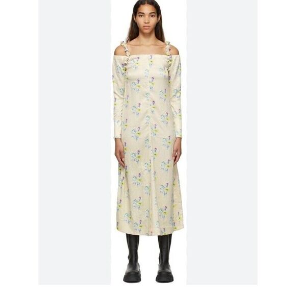 GANNI NWT $295 Crinkled Satin Floral Ruffle Strap Maxi Slit Dress Size 42 L - Picture 3 of 15